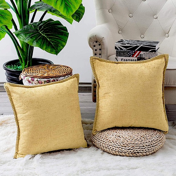 Luxury HomeElegant Soft Gold Chenille Burlap Tailored Trim Pillow Covers